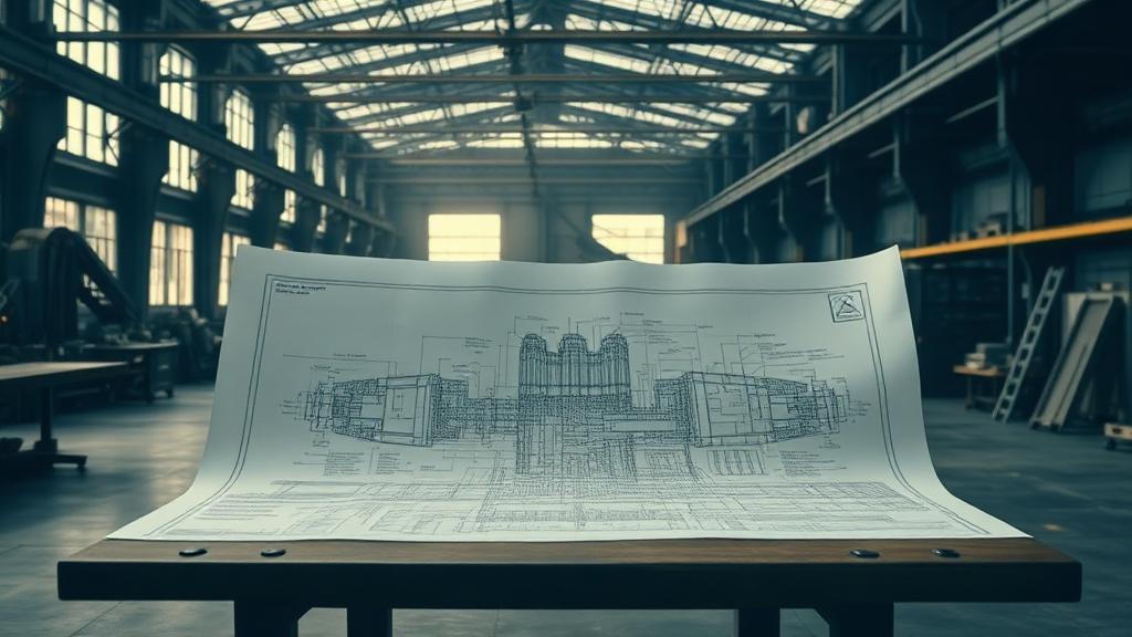 Systems architecture blueprint unrolled on a workshop table
