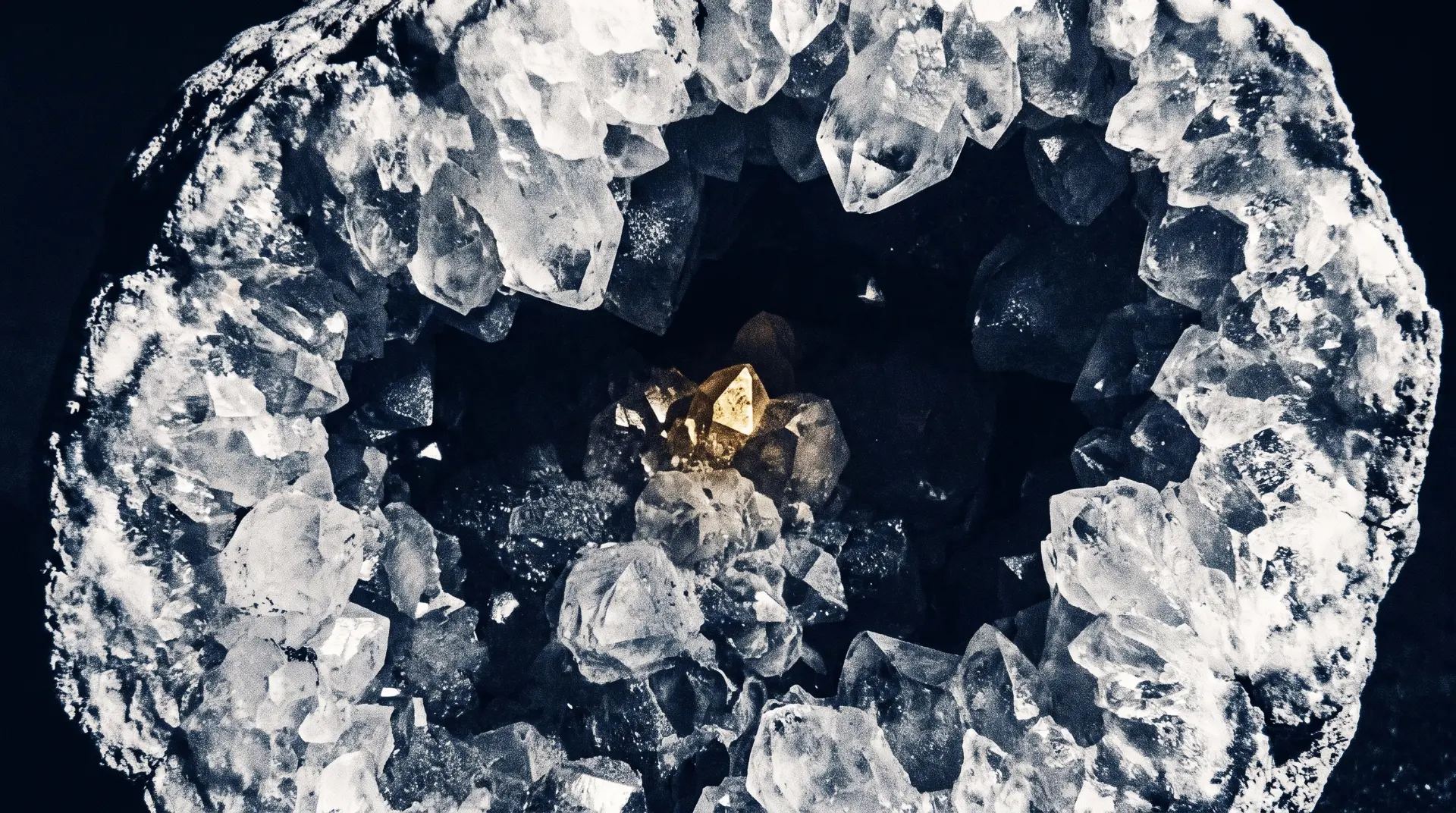 Geode interior with a single illuminated gold crystal