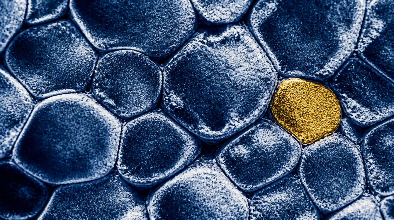 Macro view of blue cellular structures with one gold cell